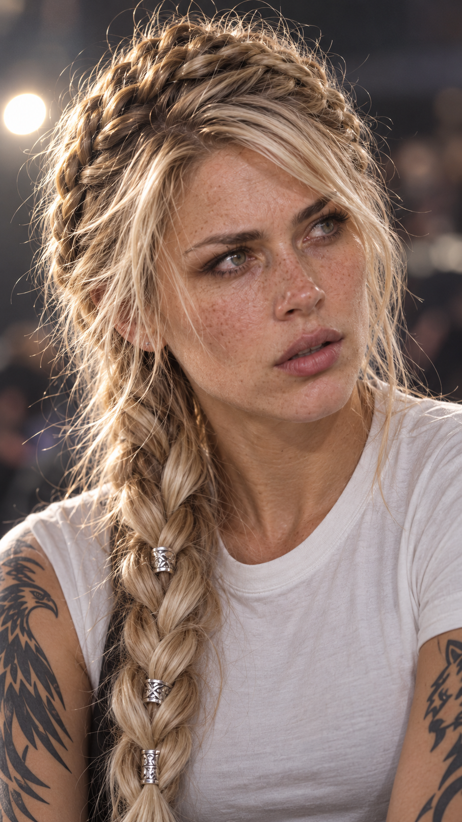 A close portrait of Maevra in natural light, with blonde braids and freckles