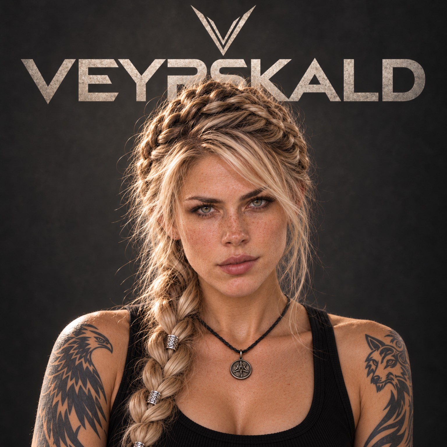 Maevra with a blonde side braid, eagle and wolf tattoos, and a silver pendant beneath the Veyrskald emblem